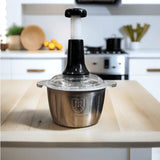 Manual Stainless Steel Hand Push Chopper with 4 sharp blades for quick chopping of vegetables, meat, fruits, and herbs. Durable, easy to use, and no electricity needed.