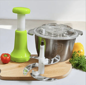 Manual Stainless Steel Hand Push Chopper with 4 sharp blades for quick chopping of vegetables, meat, fruits, and herbs. Durable, easy to use, and no electricity needed.